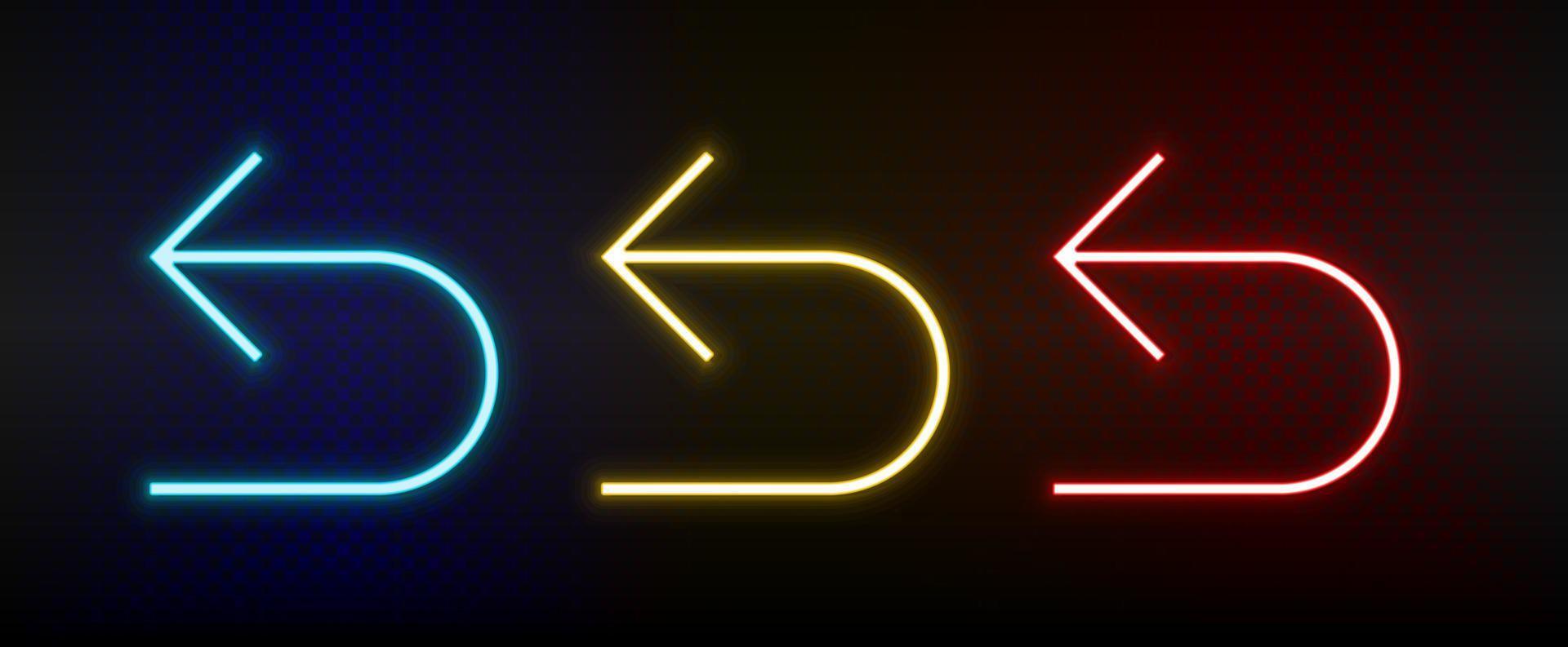 Neon-Symbole. ui-Pfeil. Satz von roten, blauen, gelben Neonvektorsymbolen auf dunklem Hintergrund vektor