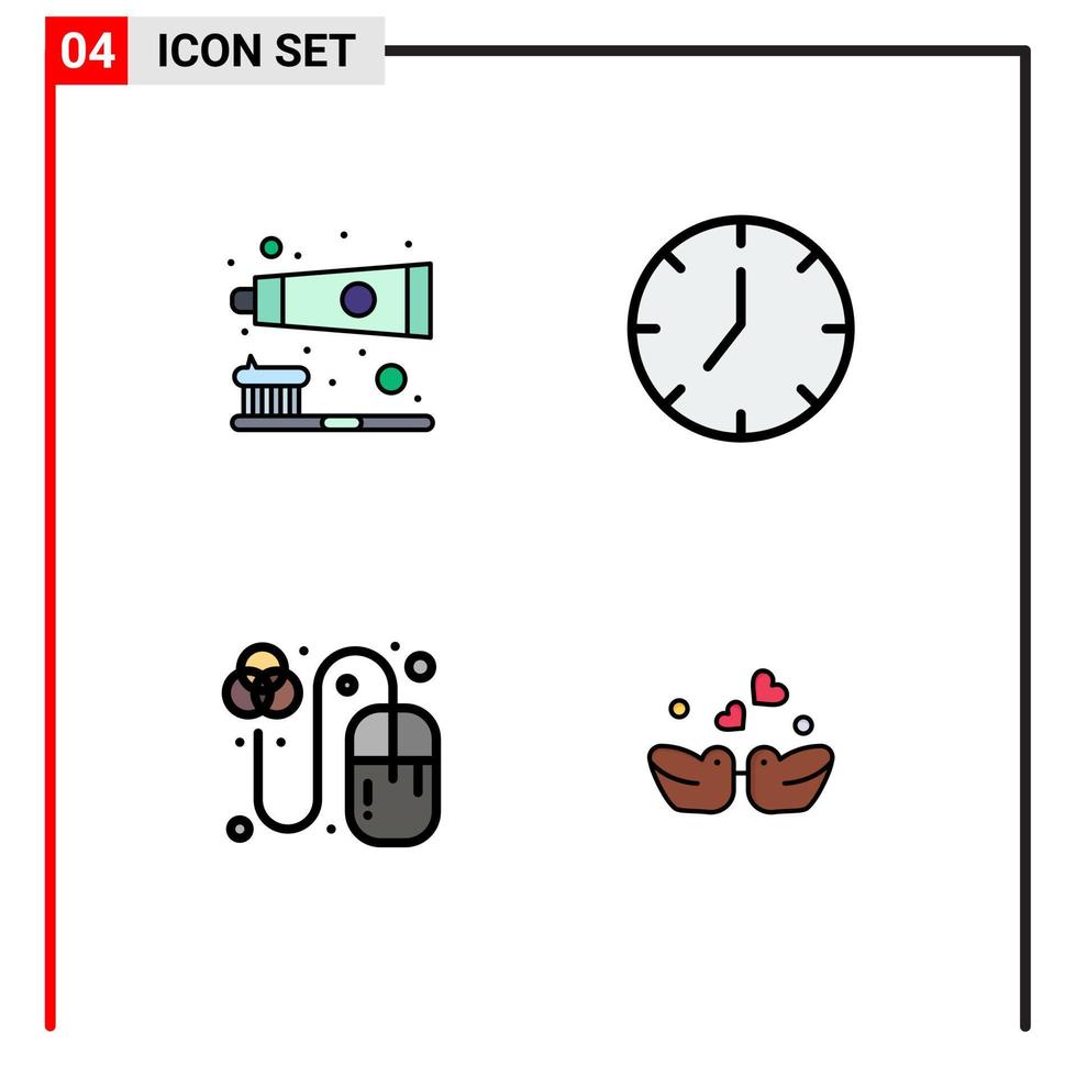 moderner Satz von 4 gefüllten flachen Farben Piktogramm der Bürste, die Zahnpflege-Media-Player-Raster editierbare Vektordesign-Elemente entwirft vektor