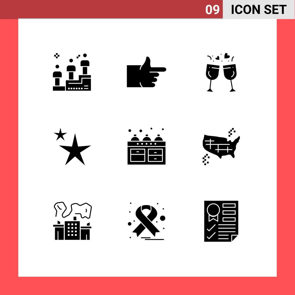 Stock Vector Icon Pack mit 9 Zeilenzeichen und Symbolen für Ofen, Wasserkocher, Liebe, Herd, Form, editierbare Vektordesign-Elemente