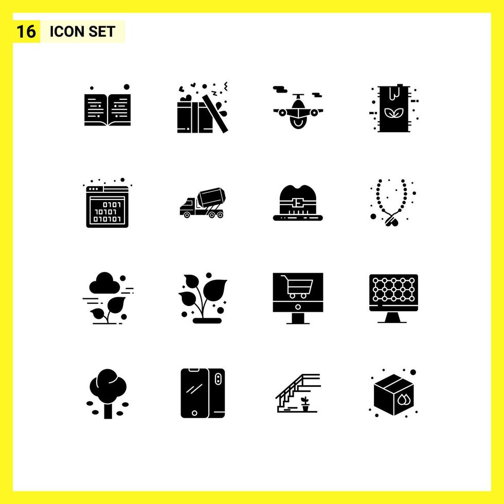uppsättning av 16 vektor fast glyfer på rutnät för koda gas plan bränsle eco redigerbar vektor design element