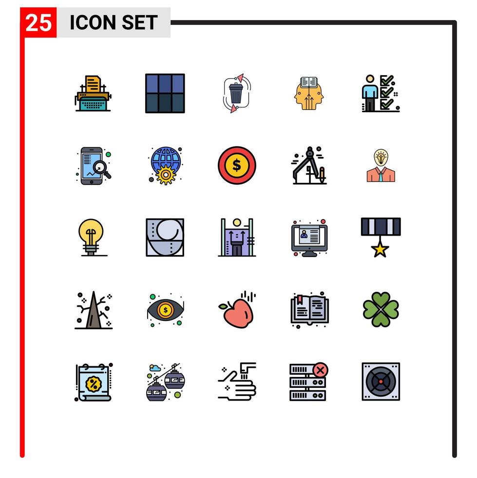 Gruppe von 25 gefüllten flachen Farbzeichen und Symbolen für Benutzercheckliste Müllmann liest editierbare Vektordesign-Elemente vektor