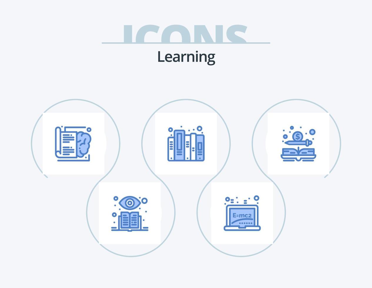 inlärning blå ikon packa 5 ikon design. dollar. bok. hjärna. filer. data vektor