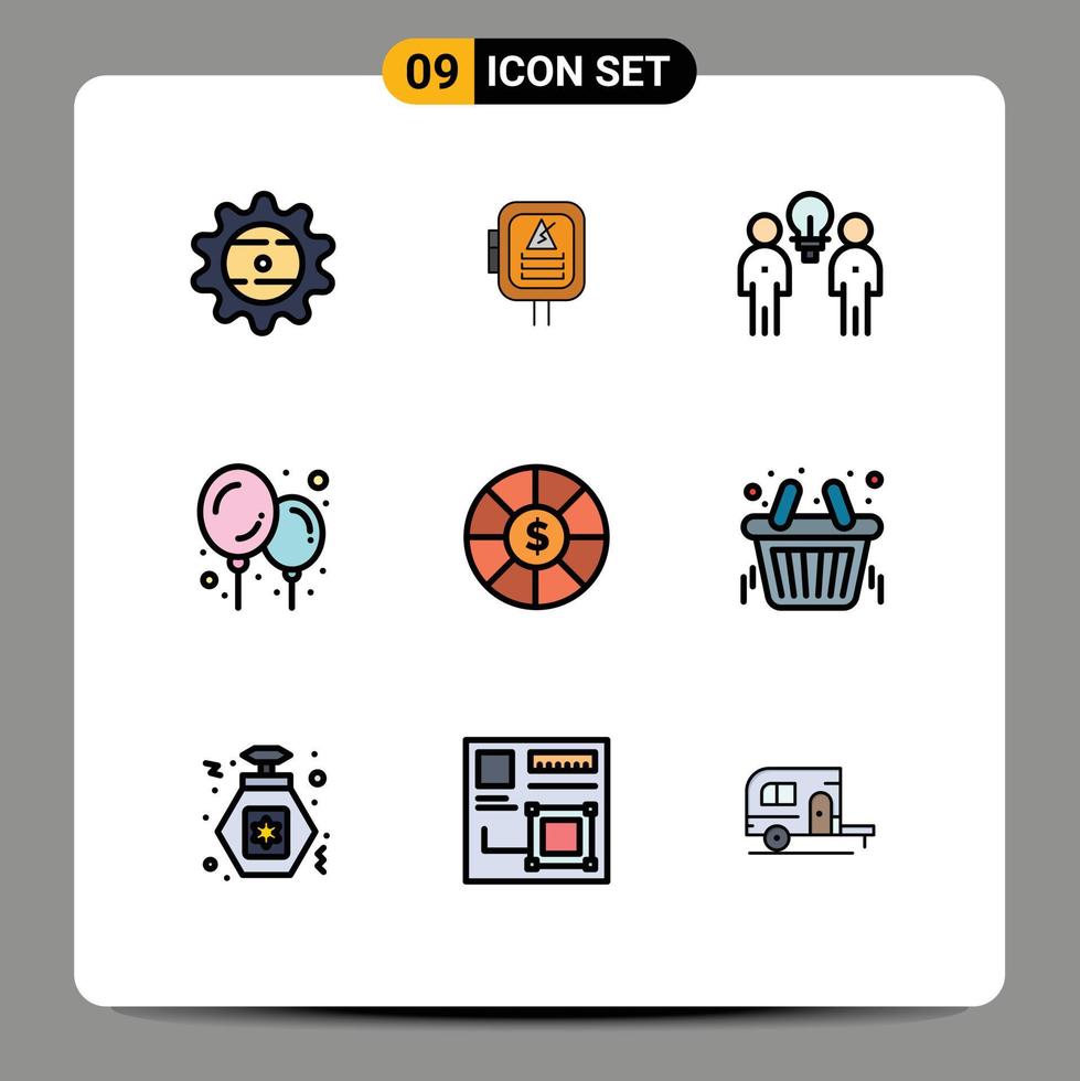 Piktogrammsatz aus 9 einfachen, gefüllten, flachen Farben von Dollarmünzen, Brainstorming-Ballon-Teamarbeit, editierbare Vektordesign-Elemente vektor