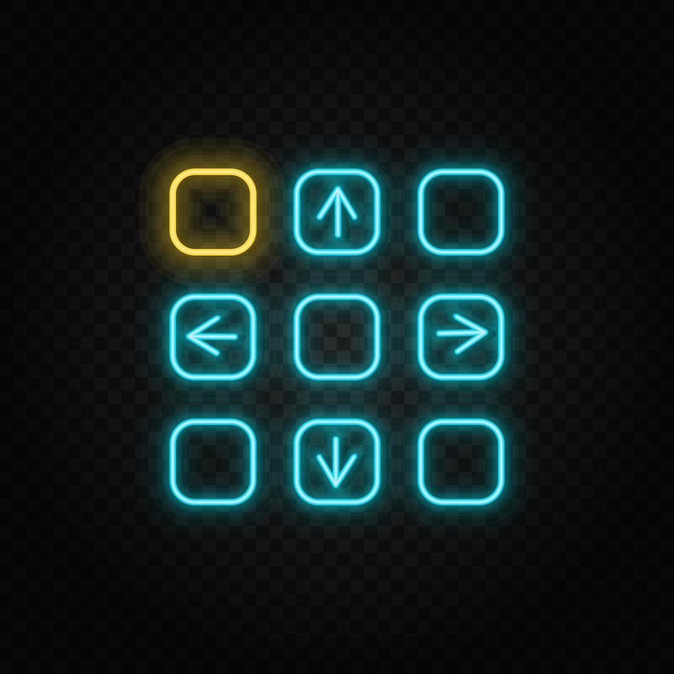 Tanzspiel, Pad, Arcade, Retro-Neon-Symbol. blaues und gelbes Neon-Vektorsymbol. Vektor transparenter Hintergrund