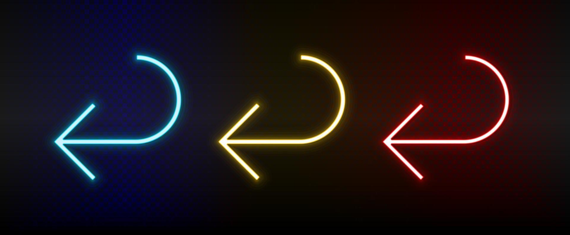 Neon-Symbole. ui-Pfeil. Satz von roten, blauen, gelben Neonvektorsymbolen auf dunklem Hintergrund vektor