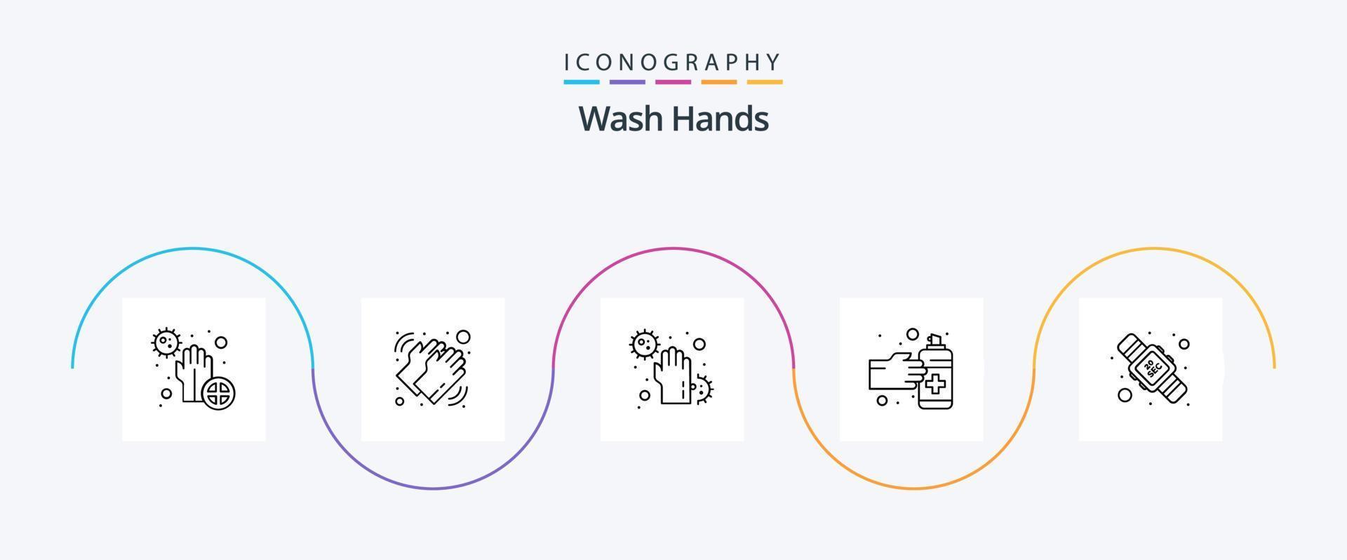 Hände waschen Linie 5 Icon Pack inklusive Medikamente. Gesten. trocken. infizieren. Krankheit vektor