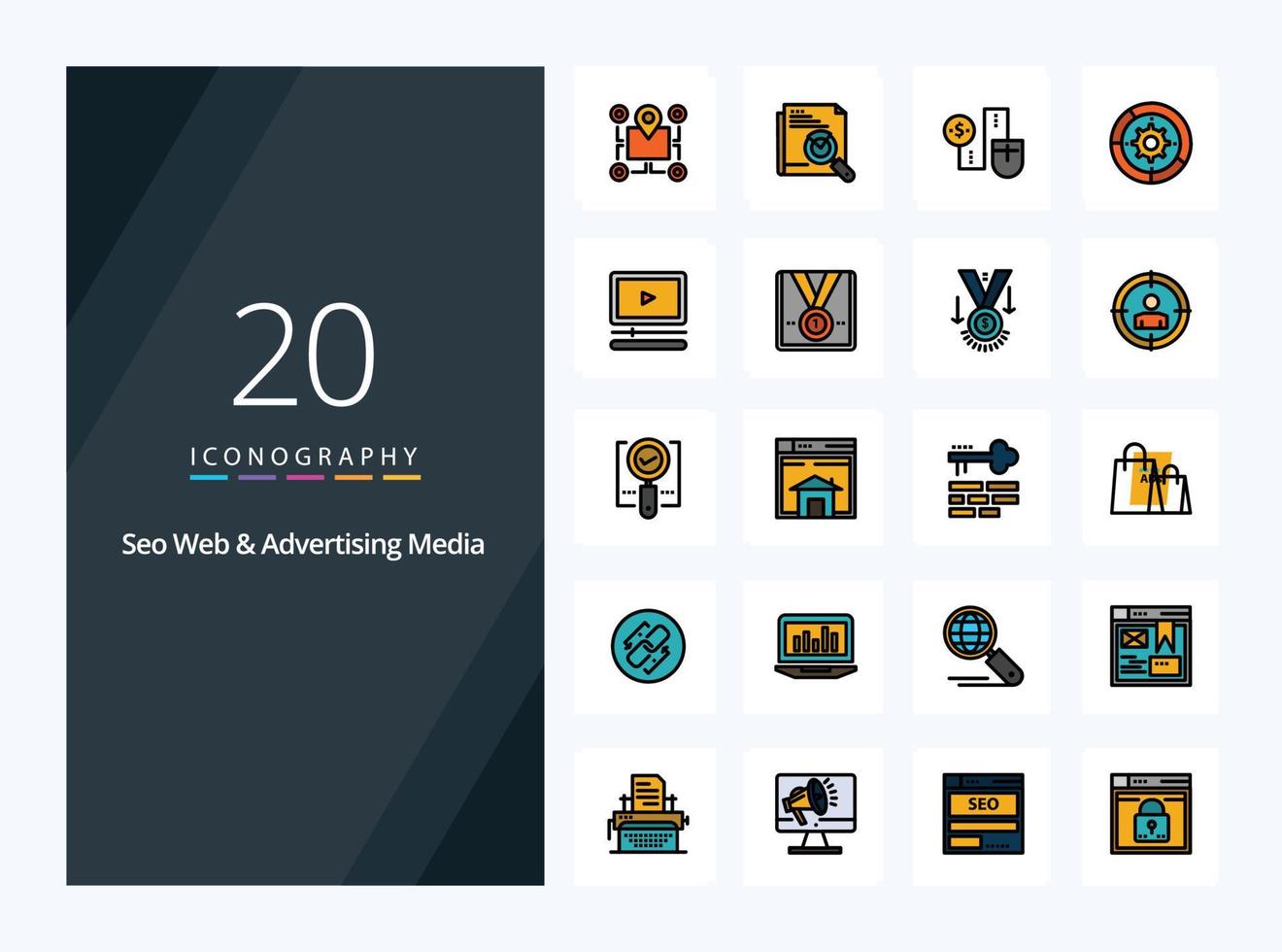 20 seo webb och reklam media linje fylld ikon för presentation vektor