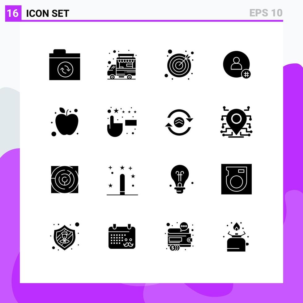 piktogram uppsättning av 16 enkel fast glyfer av friska äpple mål Kontakt PIP redigerbar vektor design element