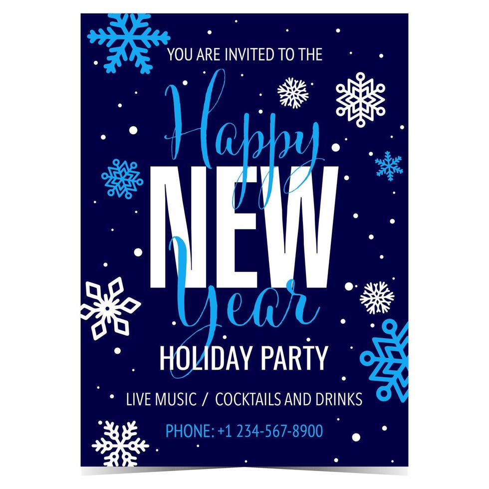 Frohes neues Jahr Party Banner, Poster oder Einladungskarte mit weißen Schneeflocken auf blauem Hintergrund. vektorillustration für förderung, ankündigung der neujahrsfeier am 31. dezember. vektor
