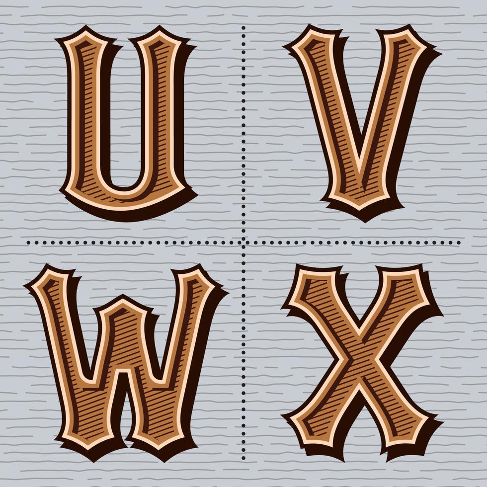 alfabet Västra brev årgång design vektor u, v, w, x