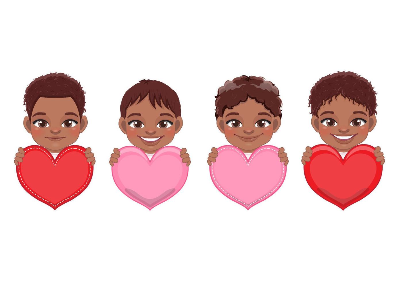 samling av söt liten amerikan afrikansk Pojkar innehav röd och rosa hjärtan, Lycklig barn fira valentine s dag vektor illustration