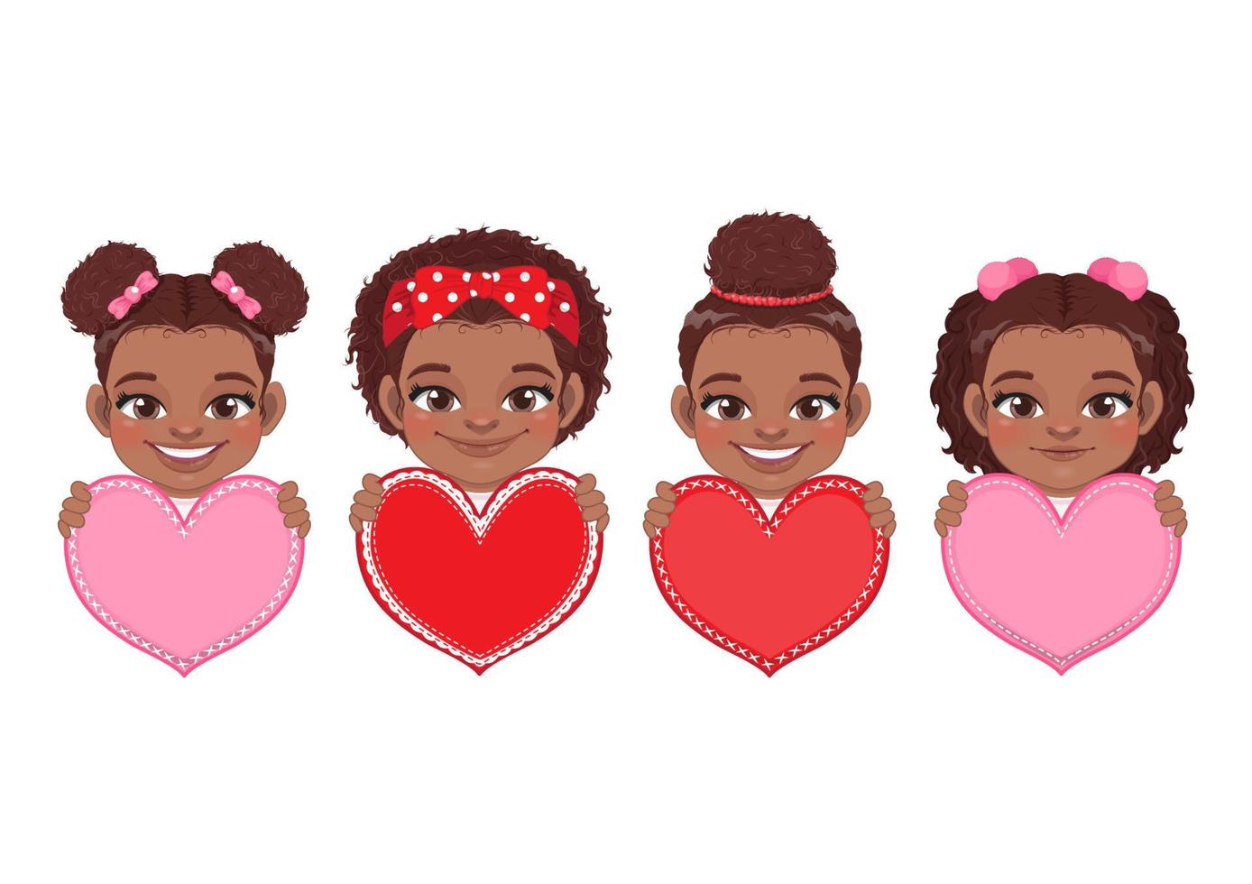 samling av söt liten amerikan afrikansk flickor innehav röd och rosa hjärtan, Lycklig barn fira valentine s dag vektor illustration