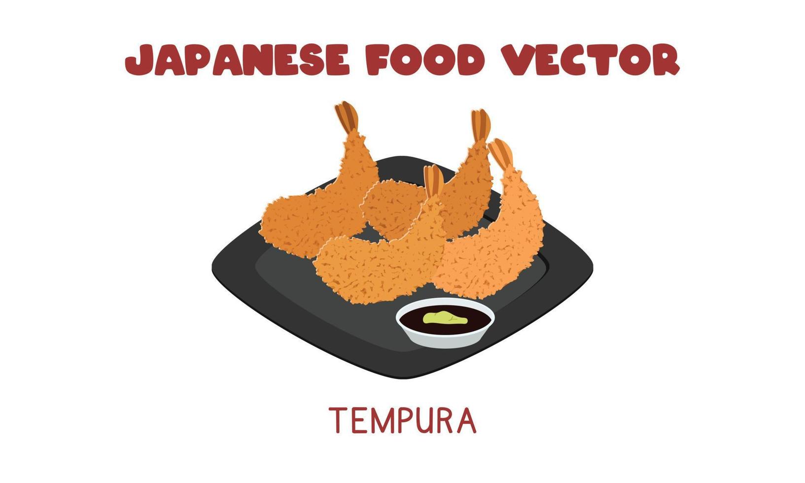 japansk tempura - japansk djup friterad räka tempura med senap doppning sås platt vektor design illustration, ClipArt tecknad serie stil. asiatisk mat. japansk kök. japansk mat