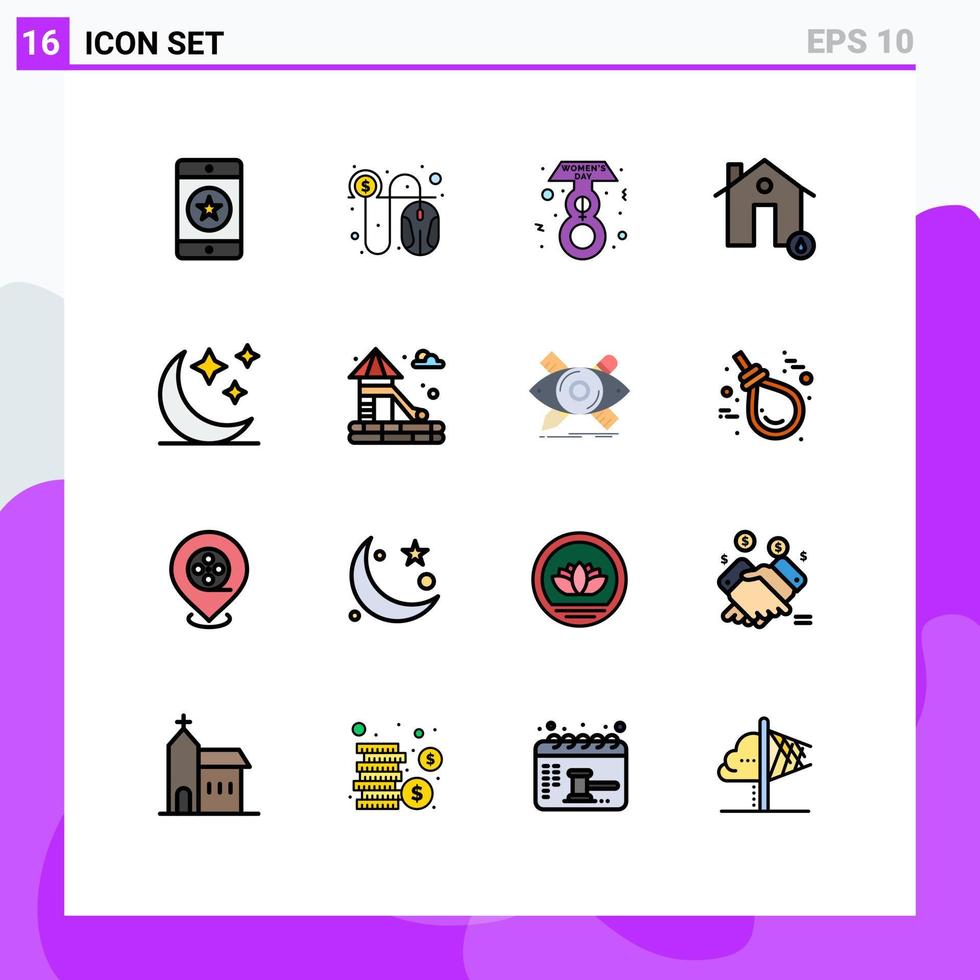 platt Färg fylld linje packa av 16 universell symboler av halvmåne varm kontanter brand byggnader redigerbar kreativ vektor design element