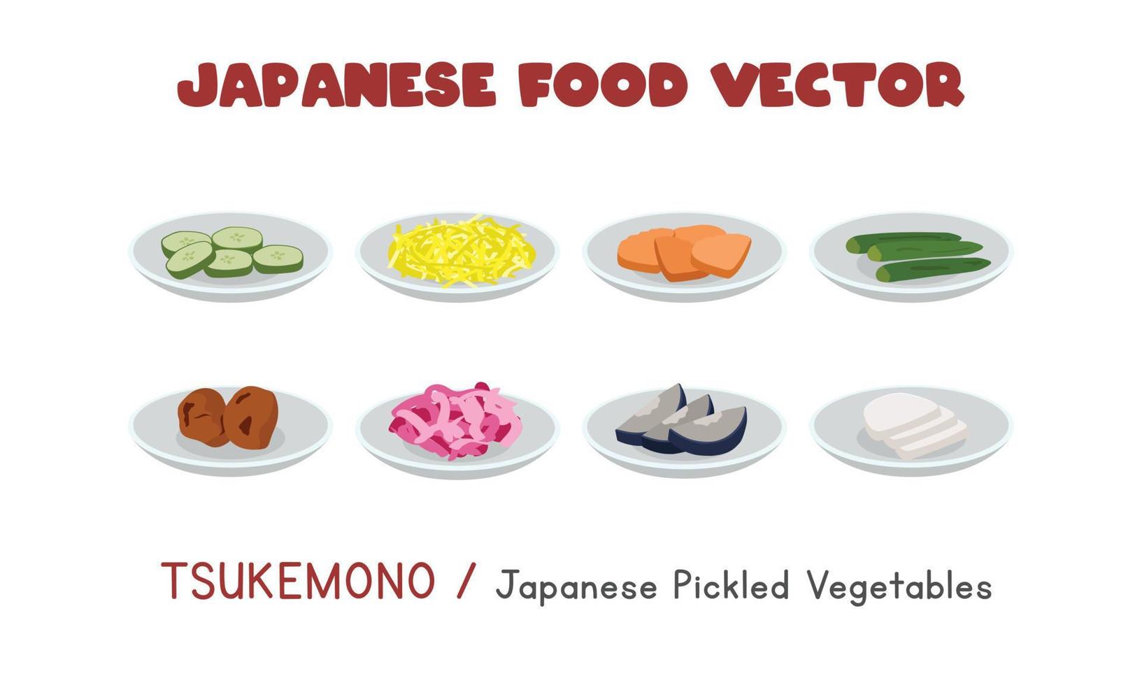 japansk tsukemono uppsättning - japansk inlagd grönsaker platt vektor design illustration, ClipArt tecknad serie stil. asiatisk mat. japansk kök. japansk mat