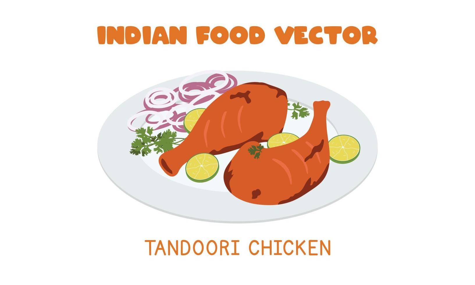 indisches tandoori-huhn - indisches berühmtes gebratenes hähnchengericht flache vektorillustration lokalisiert auf weißem hintergrund. Tandoori-Huhn-Clipart-Cartoon. asiatisches Essen. indische Küche. Indisches Essen vektor