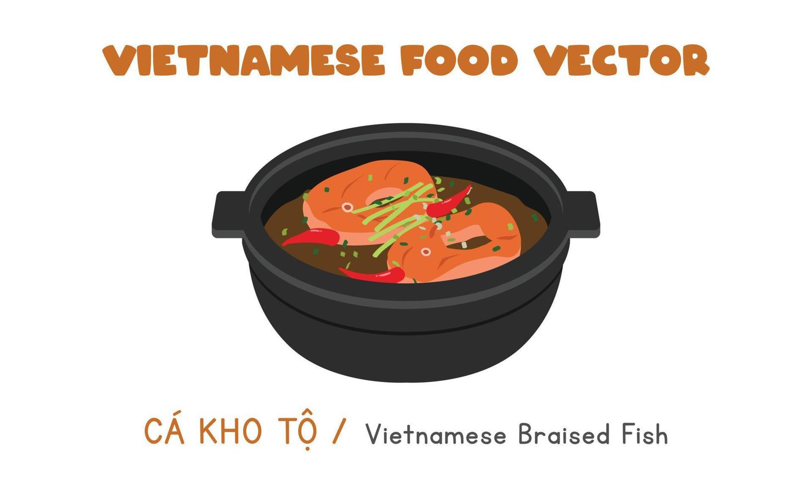 vietnamese bräserad fisk kokta i svart pott platt vektor design. ca kho till ClipArt tecknad serie stil. asiatisk mat. vietnamese kök