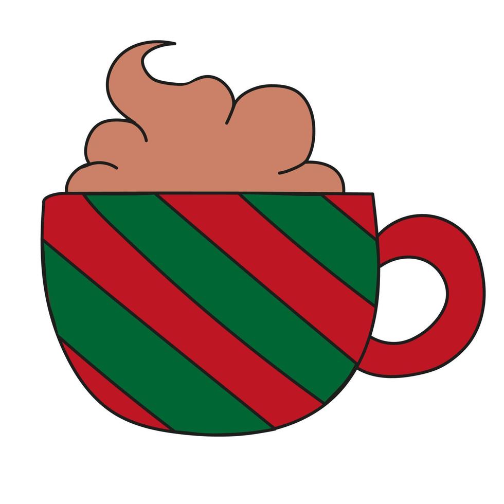 illustration av en råna av kaffe eller kakao med vispad grädde. röd råna med grön Ränder. kopp klistermärke ikon. vektor