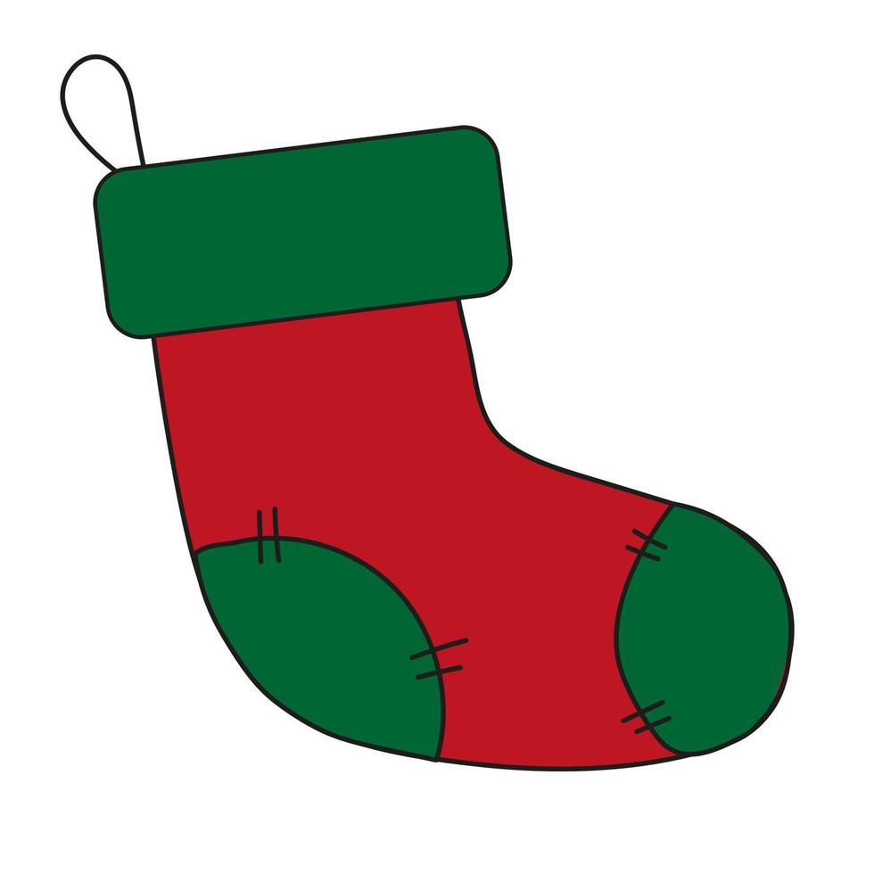 Weihnachtssocke für Geschenk rote und grüne Farbe. neujahrsillustration für kleidungsdesign. Weihnachtskarte, Symbol, Aufkleber. Winterurlaub-Design. vektor