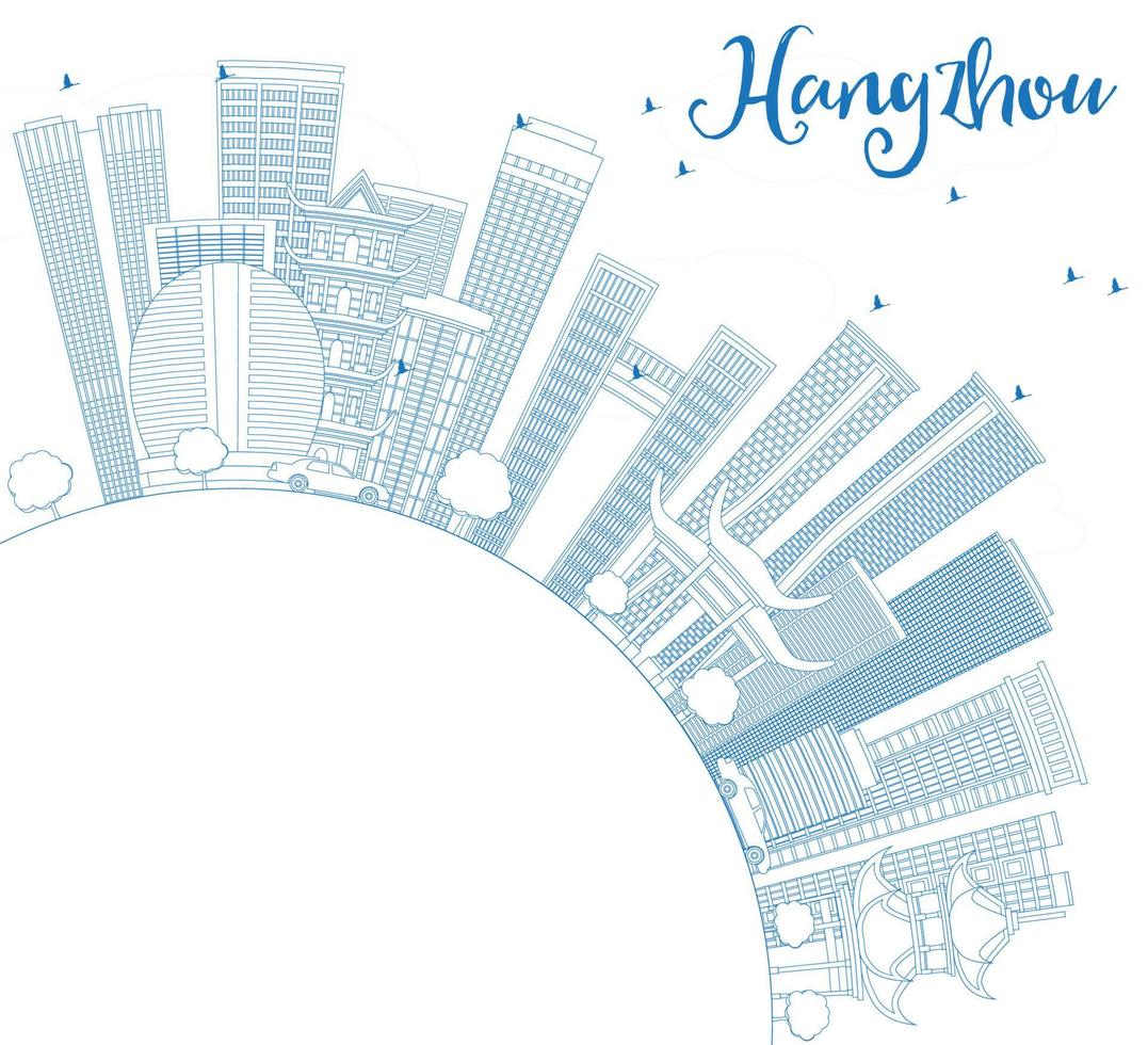 översikt hangzhou horisont med blå byggnader och kopia Plats. vektor