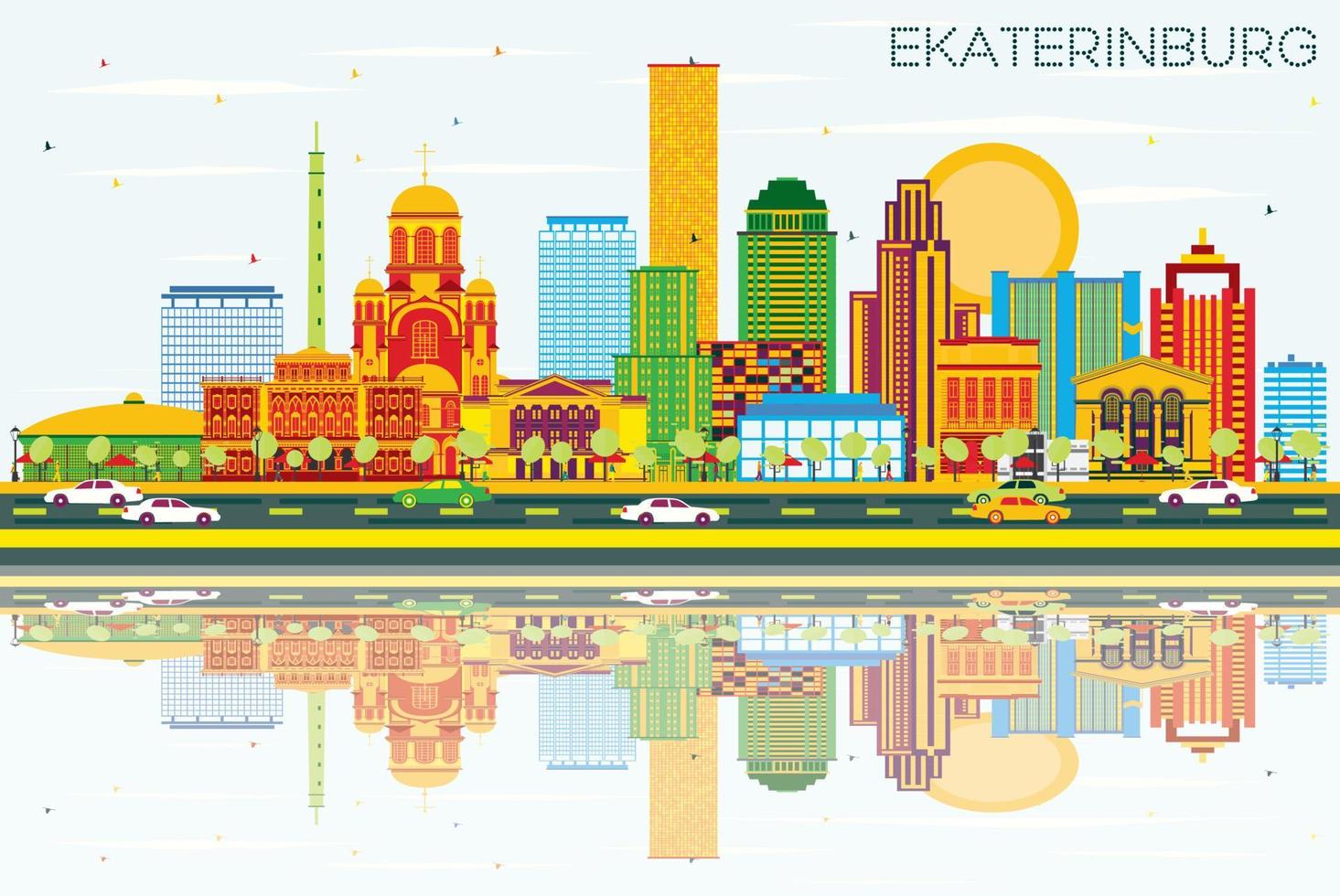ekaterinburg skyline mit farbigen gebäuden, blauem himmel und reflexionen. vektor