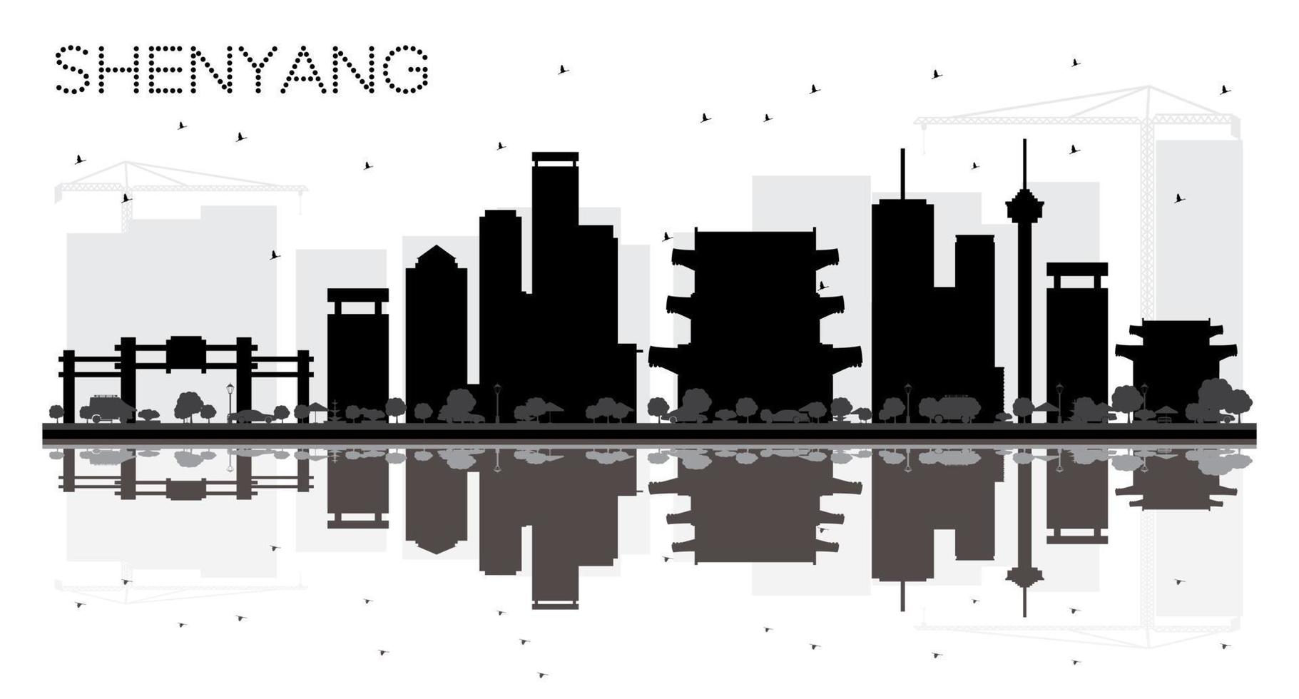 Shenyang China City Skyline Schwarz-Weiß-Silhouette mit Reflexionen. vektor