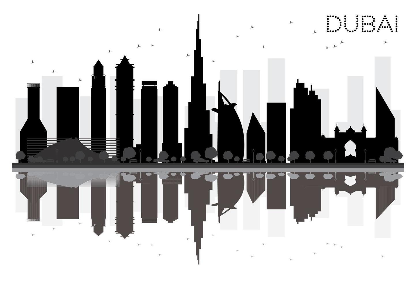 dubai city skyline schwarz-weiße silhouette mit reflexionen. vektor