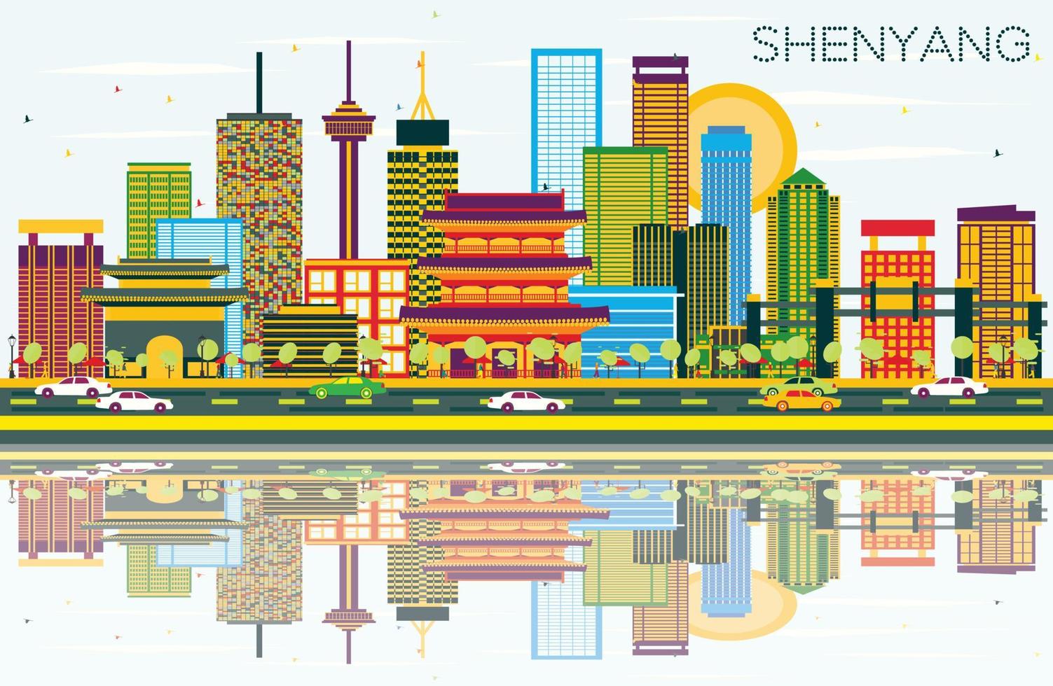 shenyang-skyline mit farbigen gebäuden, blauem himmel und reflexionen. vektor