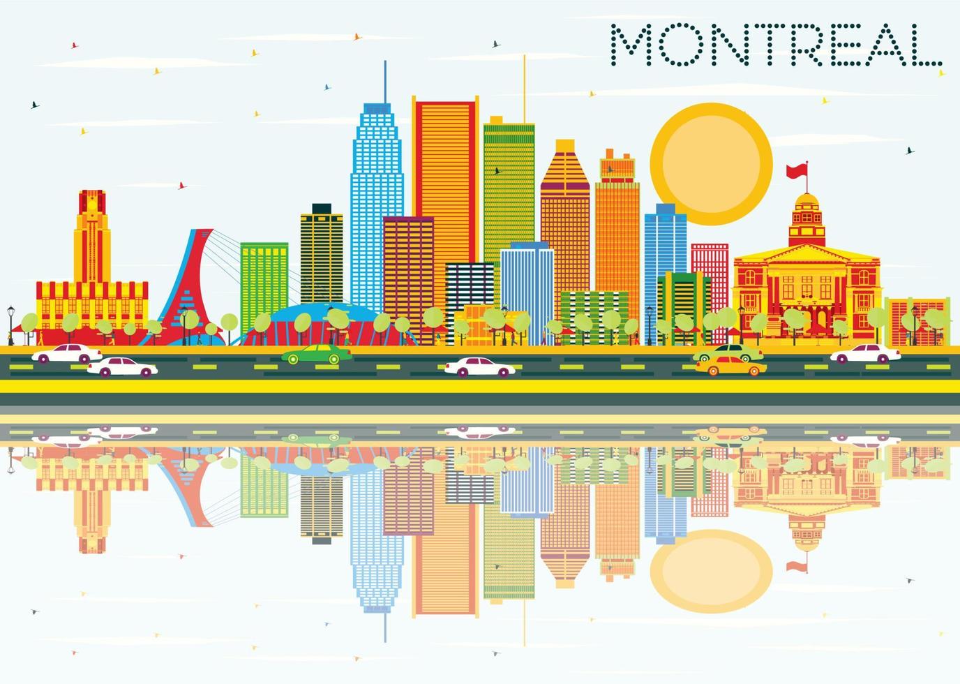 montreal skyline mit farbigen gebäuden, blauem himmel und reflexionen. vektor