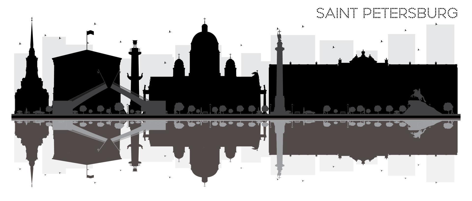 helgon petersburg stad horisont svart och vit silhuett med reflektioner. vektor