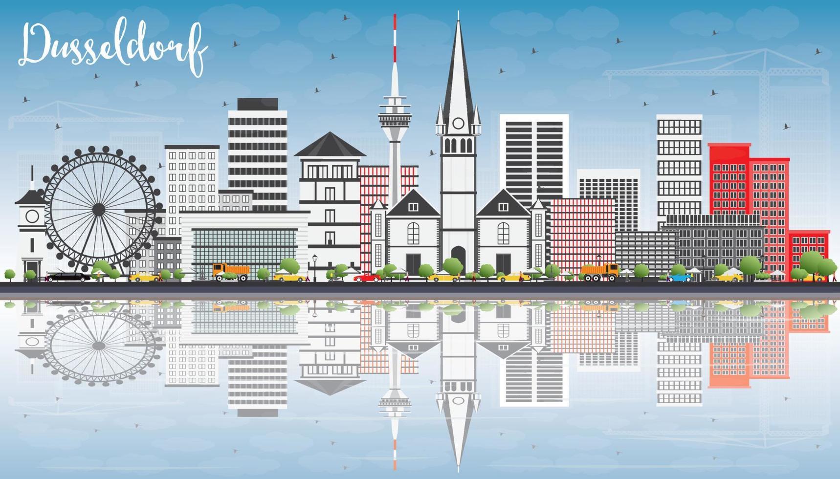 Düsseldorf horisont med grå byggnader, blå himmel och reflektioner. vektor
