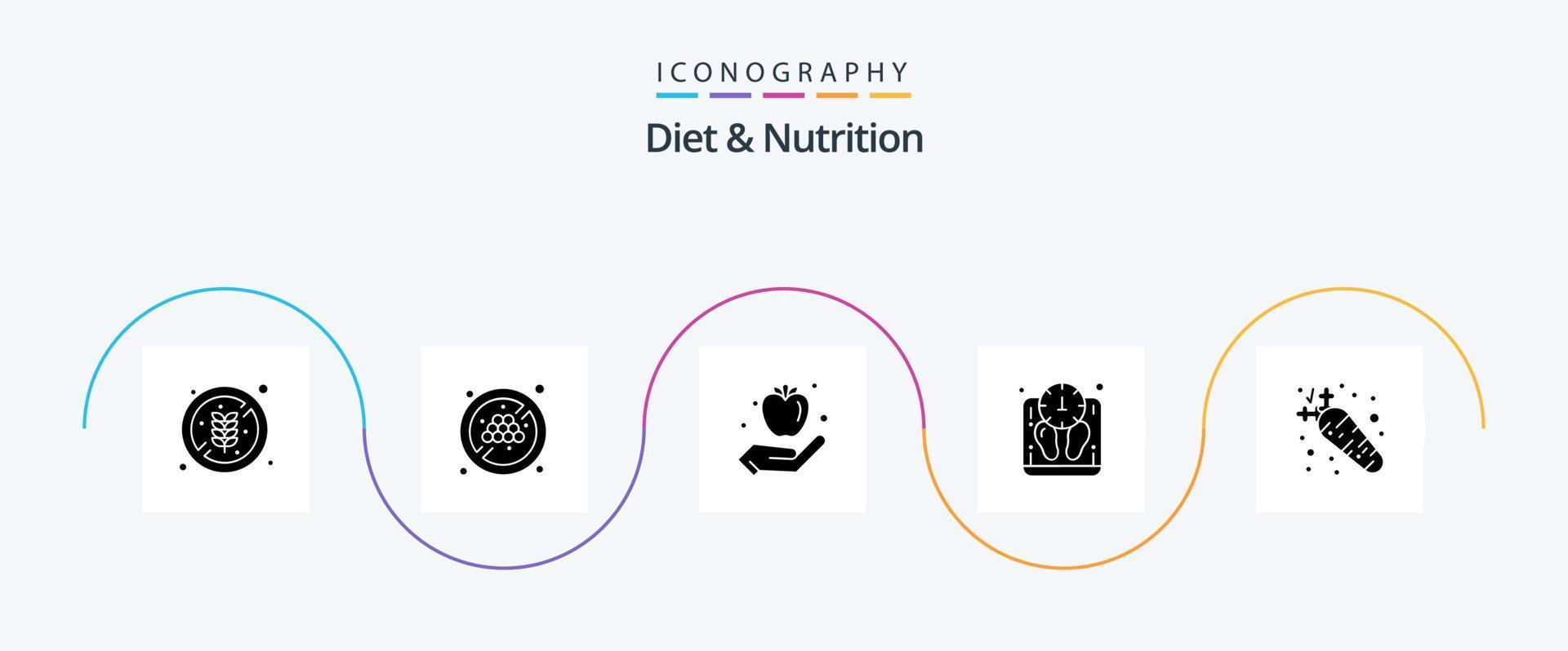 diet och näring glyf 5 ikon packa Inklusive mat. morot. frukt. skala. massa vektor