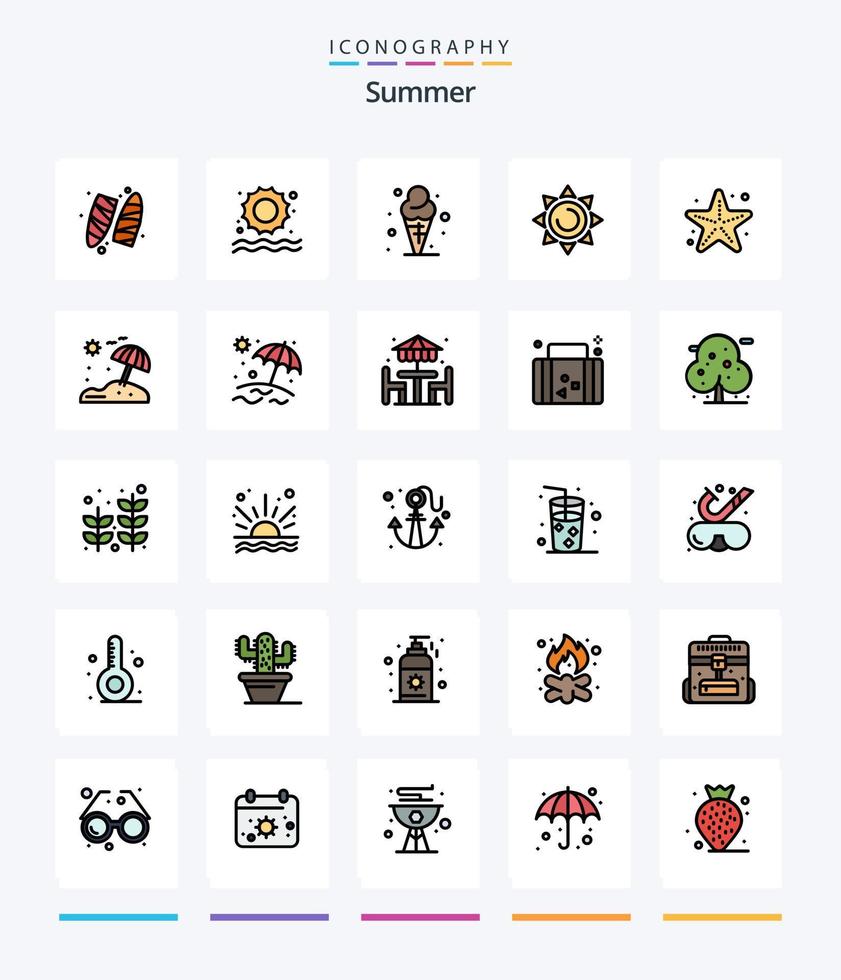 kreativer Sommer 25 Zeilen gefülltes Icon Pack wie Seesterne. Meer. Kegel. Strand. glänzend vektor