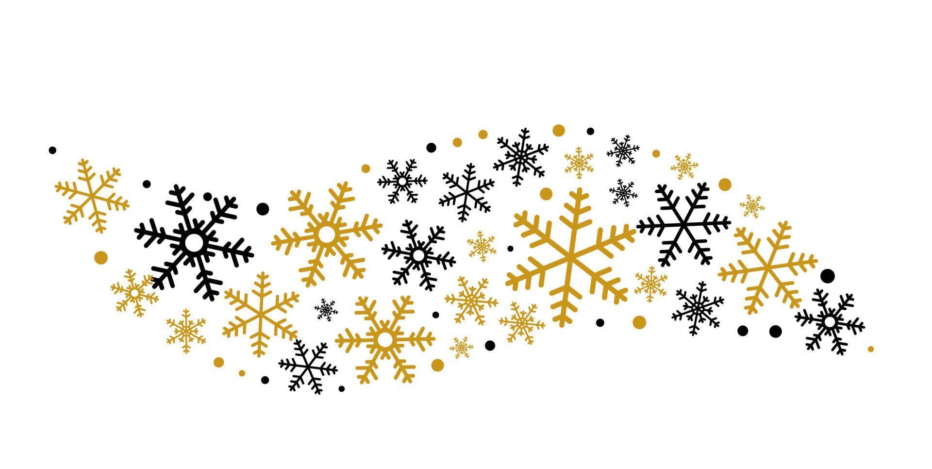 goldene schwarze schneeflocken .weihnachtsgrußverzierungselemente, die lokalisierte weiße hintergrundkarte hängen vektor