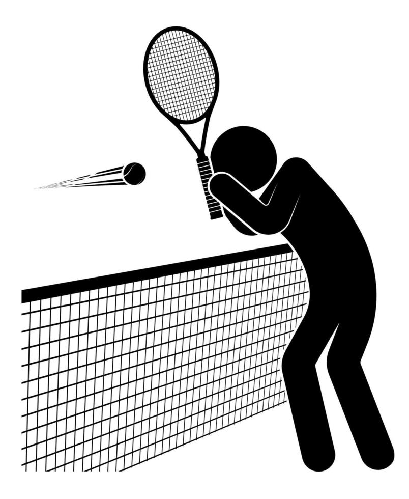 Stick-Mann-Figur, Anfänger-Tennisspieler bedeckt sein Gesicht vor Tennisball, der auf ihn zufliegt. aktiver Sport. gesunder Lebensstil. Vektor