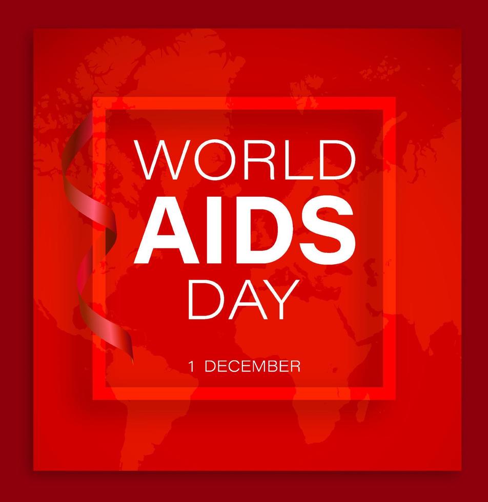 värld AIDS dag 1 december. vit ram och röd band på bakgrund av kontinenter av planet. affisch för värld AIDS dag. vektor
