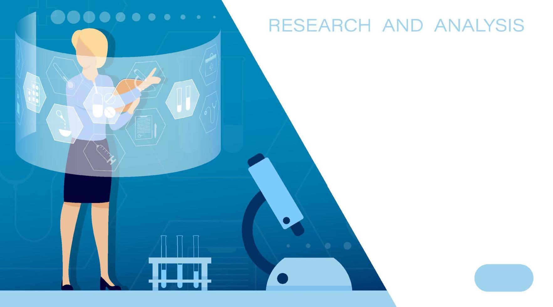 kvinna läkare, forskare Bakom Rör skärm med medicinsk symboler. ledande vetenskaplig forskning i medicin. arbete i farmaceutisk företag. vektor