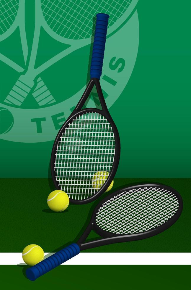 tennis racketar och bollar lögn på gräsmatta av tennis domstol. sport Utrustning och lager. realistisk vektor