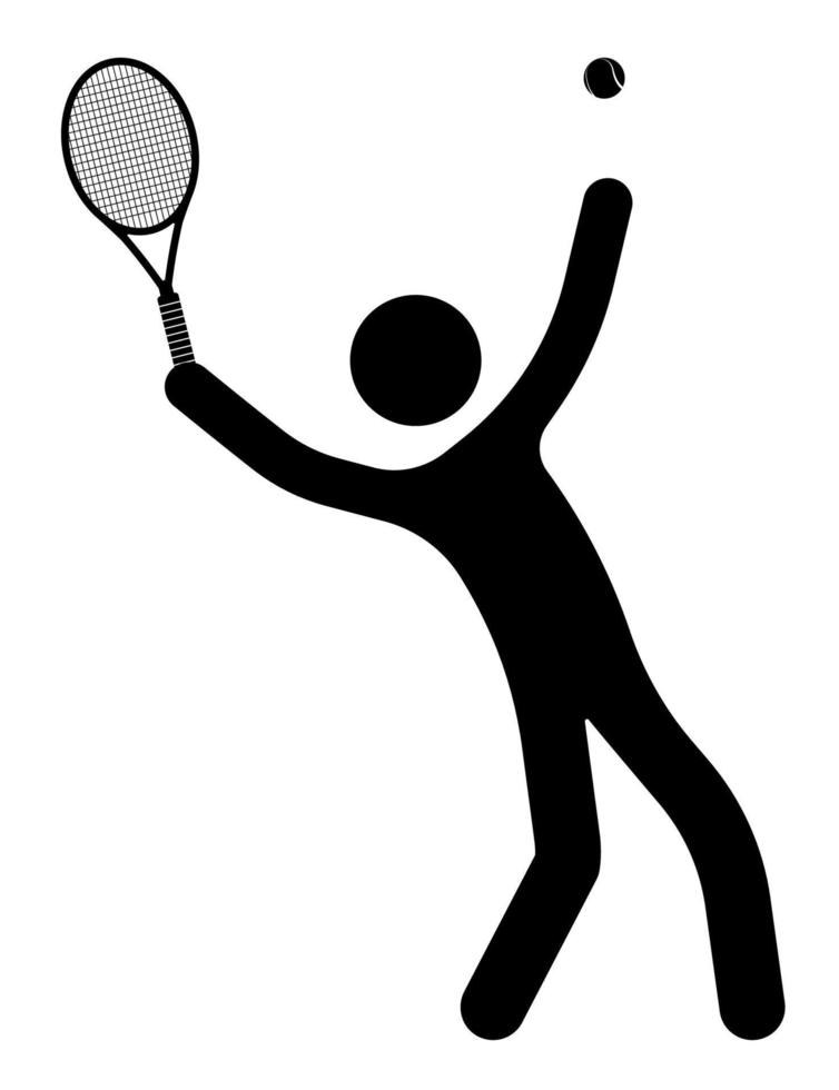 pinne man figur, tennis spelare träffar tennis boll med racket. aktiva sporter. friska livsstil. vektor