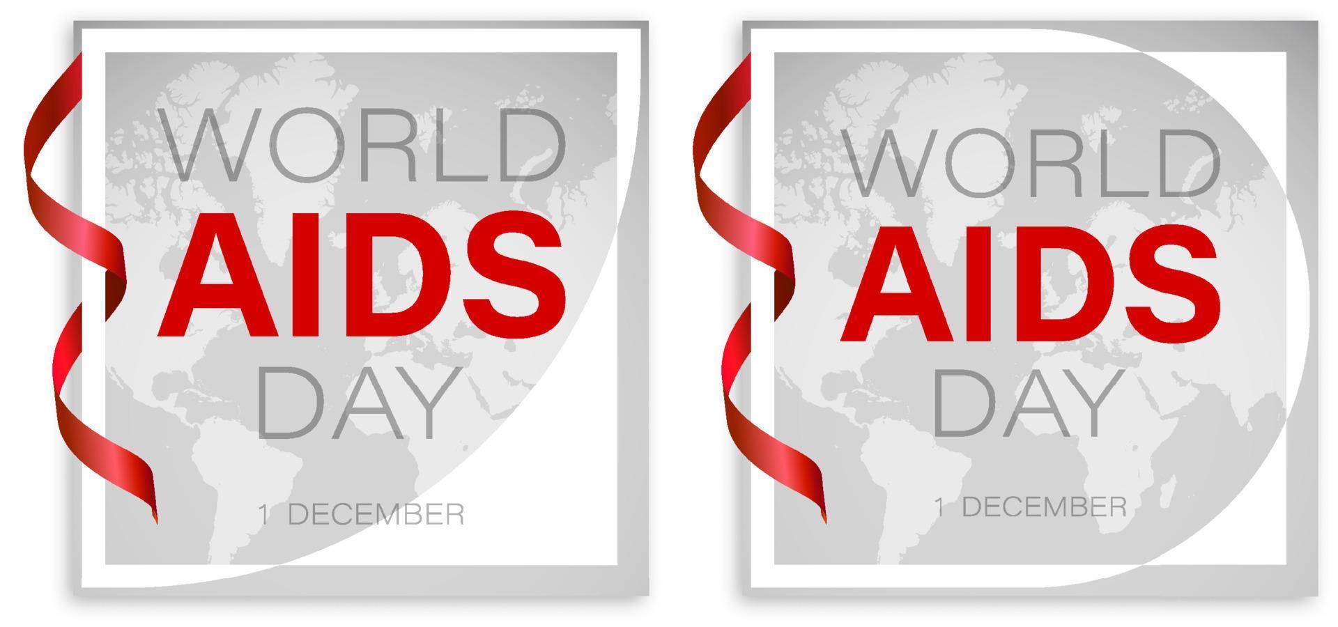 Welt-Aids-Tag 1. Dezember. weißer Rahmen und rotes Band auf dem Hintergrund der Kontinente des Planeten. hiv-quadratisches plakat. Vektor