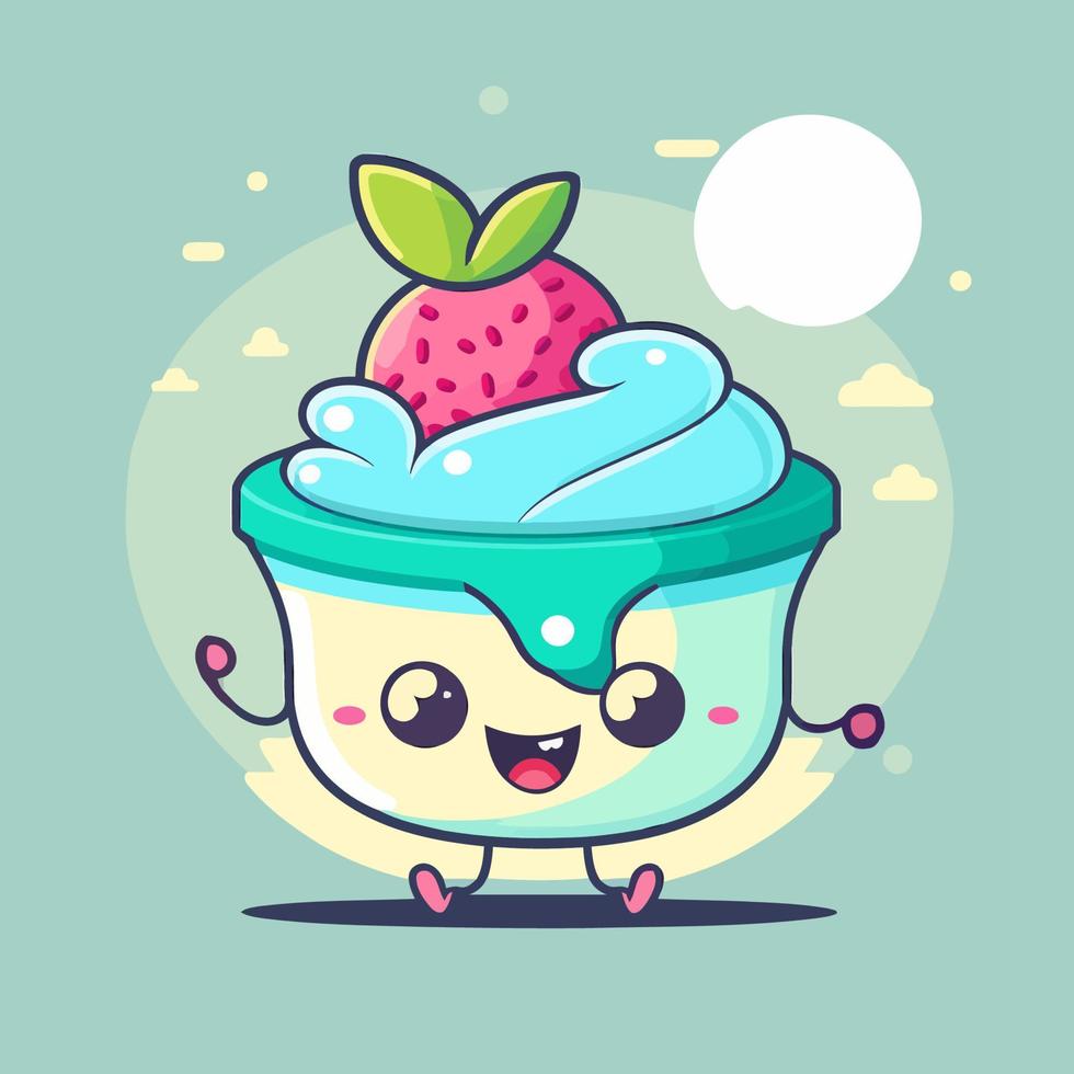 fruchtjoghurt auf tassenlogo niedliches maskottchen eis gelato cartoon art design vektor