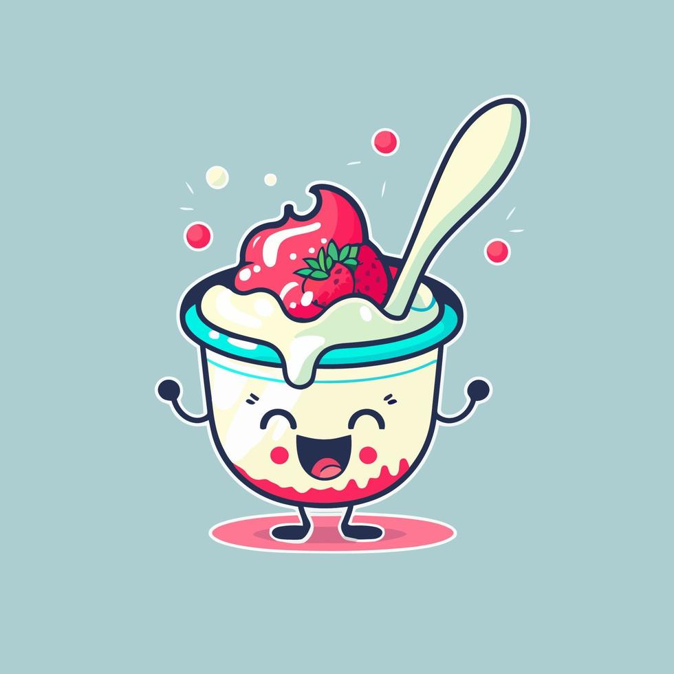 fruchtjoghurt auf tassenlogo niedliches maskottchen eis gelato cartoon art design vektor