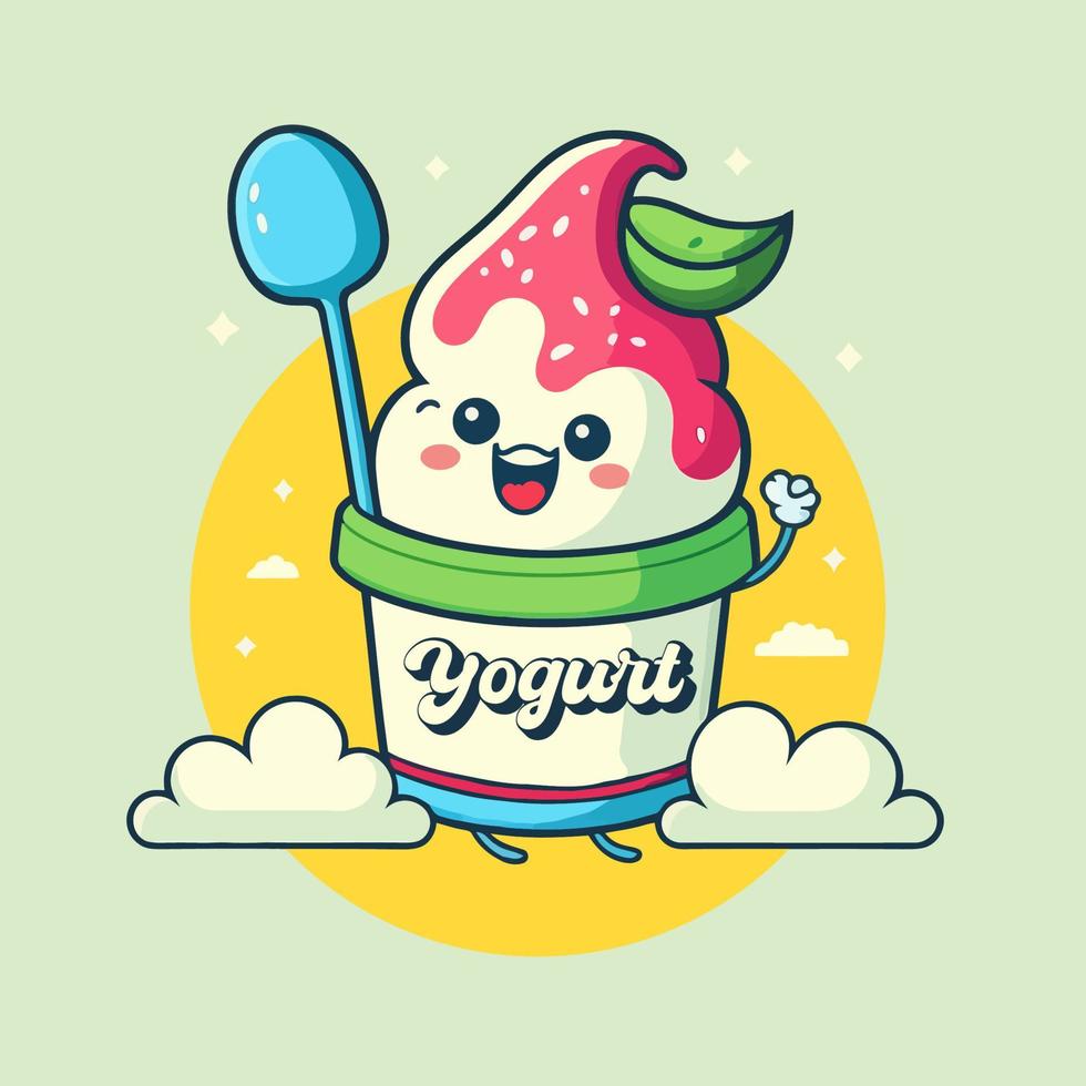 frukt yoghurt på kopp logotyp söt maskot is grädde gelato tecknad serie konst design vektor