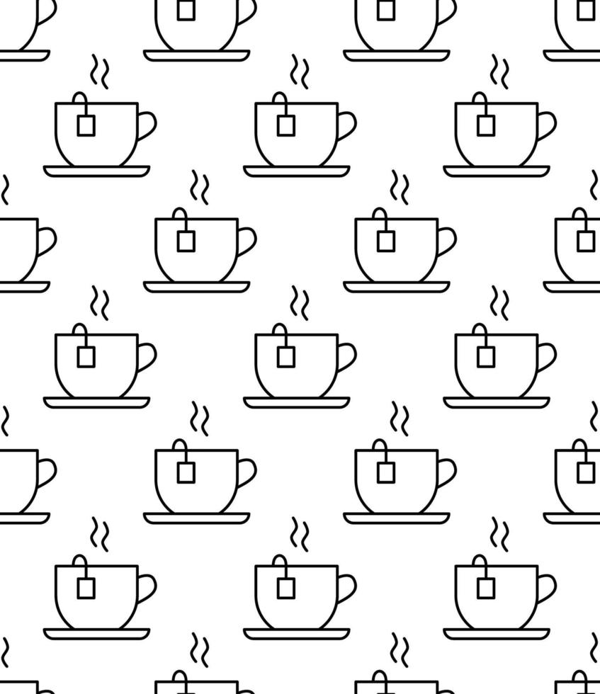 kaffeetasse nahtloses muster. skizzieren sie tee- und kaffeetassen, heiße getränke verschiedene becher schwarze umrisse, cafeteria-tapetengravurvektortextur. Pappbecher zum Mitnehmen, Design für Kaffeehäuser vektor