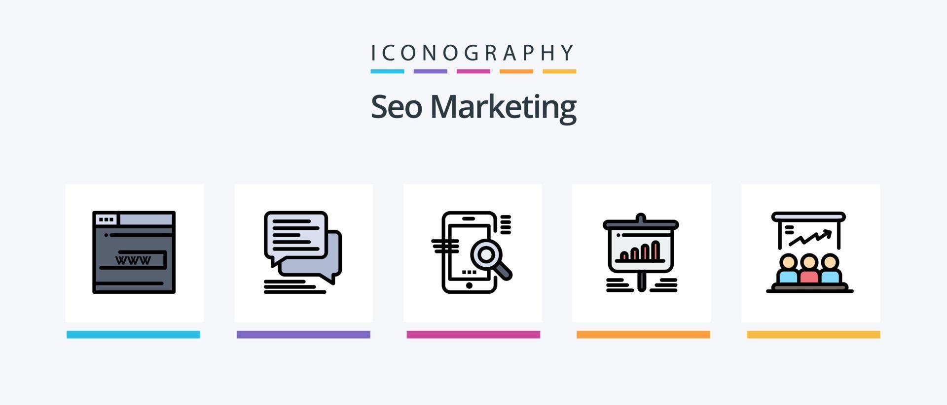 seo marknadsföring linje fylld 5 ikon packa Inklusive e-post. post. framsteg. webb. upp. kreativ ikoner design vektor