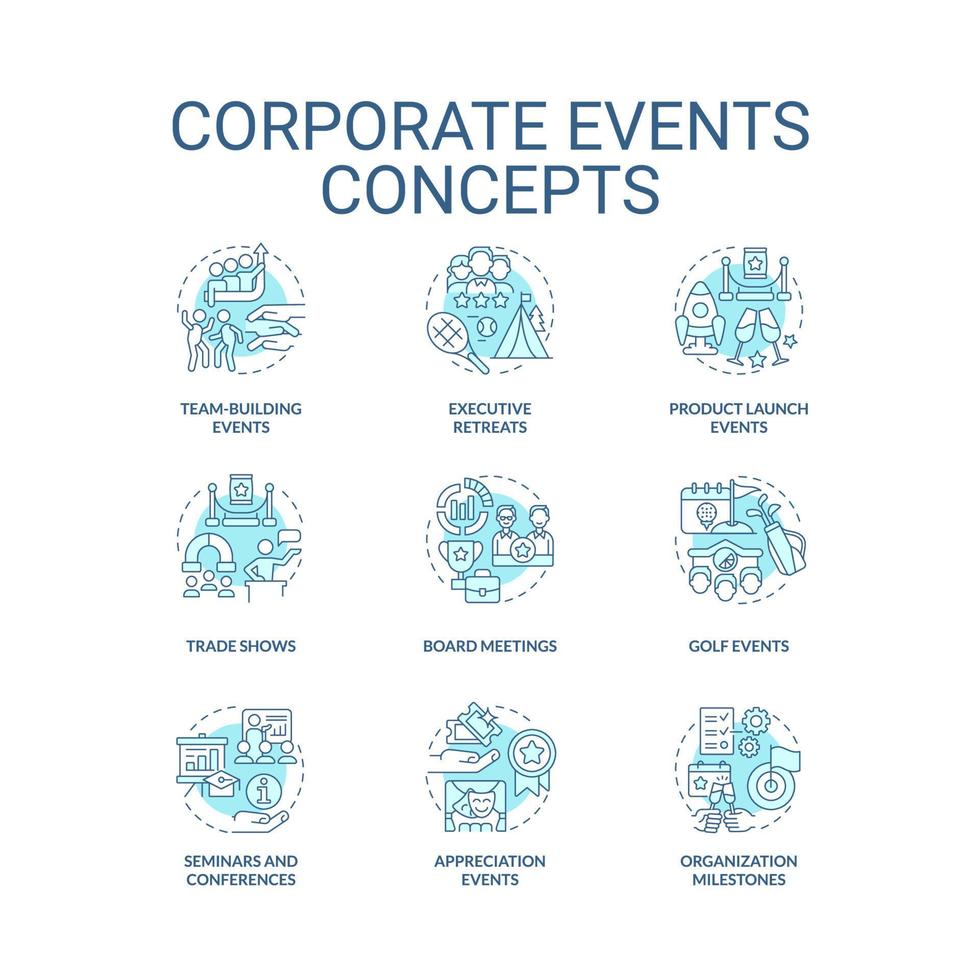 Firmenveranstaltungen türkisfarbene Konzeptsymbole gesetzt vektor