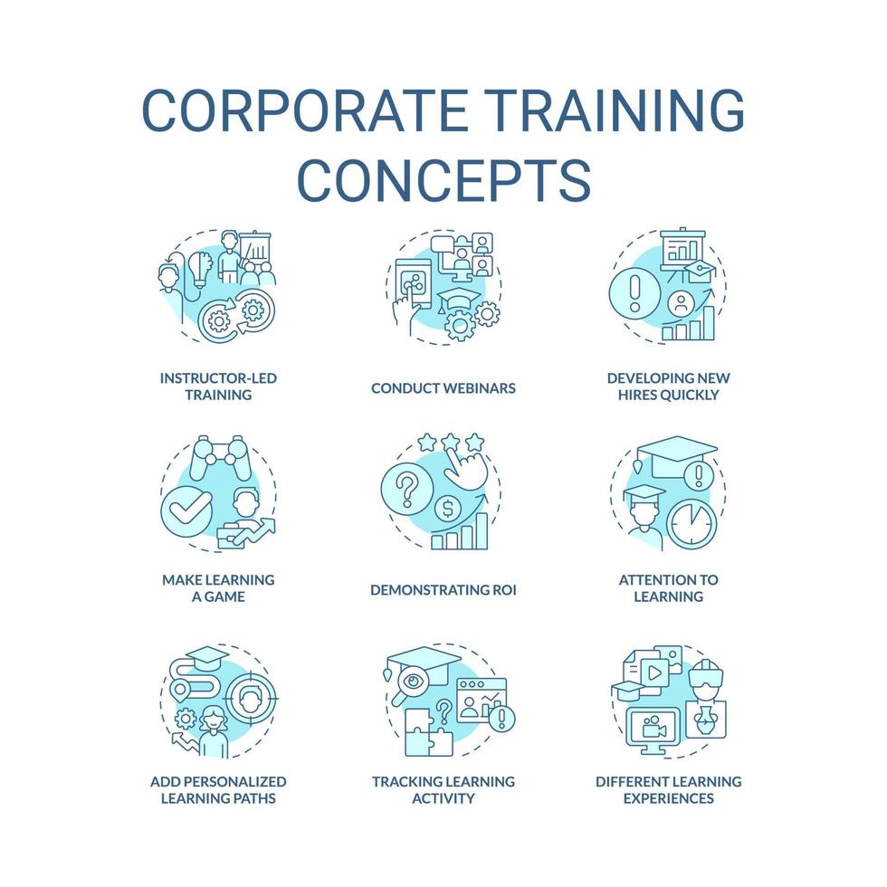 Corporate Training Türkis Konzept Symbole gesetzt. Entwicklung der Idee am Arbeitsplatz dünne Farbillustrationen. Webinare. isolierte Symbole. editierbarer Strich vektor