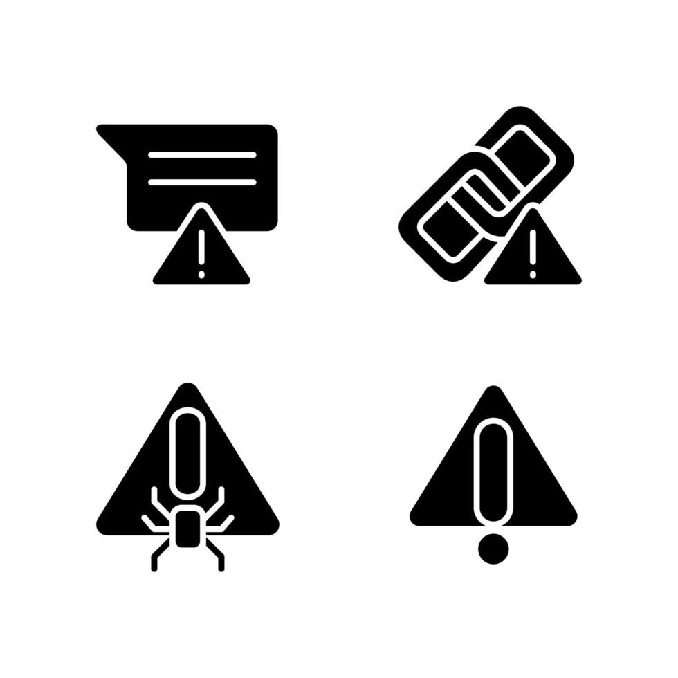 computerprobleme schwarze glyphensymbole auf weißem raum. Virengefahr. Warnsignal. Hyperlink-Problem. Nachricht wird nicht gesendet. Silhouettensymbole. Solide Piktogrammpackung. vektor isolierte illustration