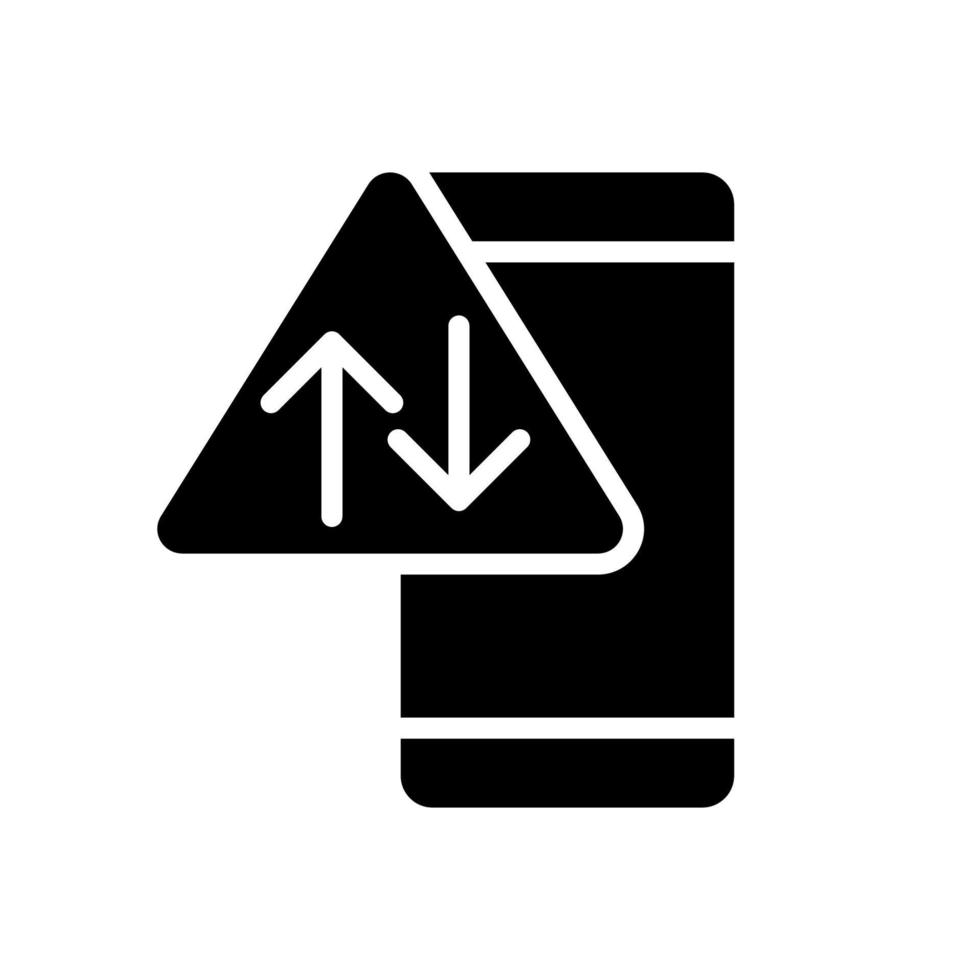 data användande varning svart glyf ikon. mobil internet service problem. ladda ner och ladda upp data. smartphone. silhuett symbol på vit Plats. fast piktogram. vektor isolerat illustration