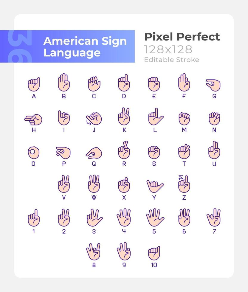 pixel perfekte rgb-farbsymbole in amerikanischer gebärdensprache gesetzt. Kommunikation. isolierte Vektorgrafiken. einfache Sammlung gefüllter Strichzeichnungen. editierbarer Strich. Montserrat fette, helle Schriftarten verwendet vektor